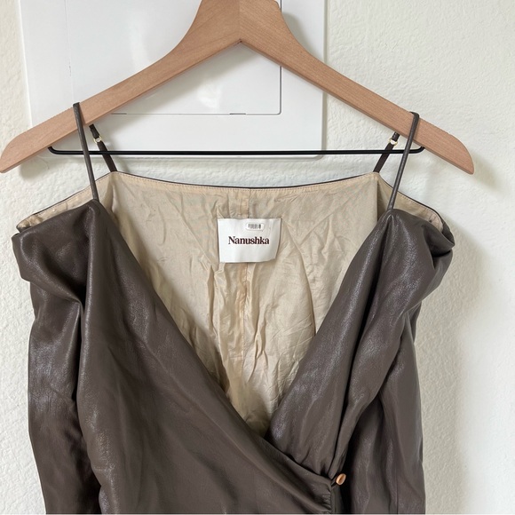 Nanushka Moha Faux Leathet Long Sleeve Off the Shoulder Mini Dress in Brown - Picture 8 of 10
